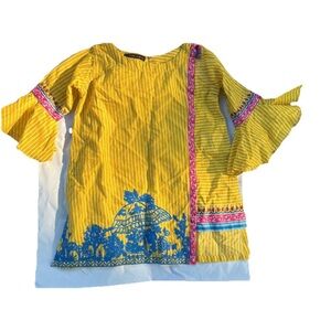 Vibrant Yellow Kids Blouse Blue&Pink Accents . From Pakistan , has side slits
